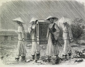 Coreanos vestidos con un palanquín (traje de lluvia de los coreanos) llevando una silla. Ilustración tomada de "An expedition in Korea" del Sr. H. Zuber, antiguo oficial de la marina (1866) - en "Tour du Monde". de French School
