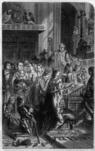 Coronación del Emperador Otton I (912-973) por el Papa Juan XII en 962. Grabado en "Histoire des Papes-Reyes-Reinas y Emperadores a través de los siglos" por Maurice Lachatre de French School