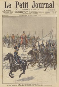 Cosacos aclamando al zar Nicolás II antes de partir hacia Extremo Oriente para luchar contra los japoneses (litografía en color).
