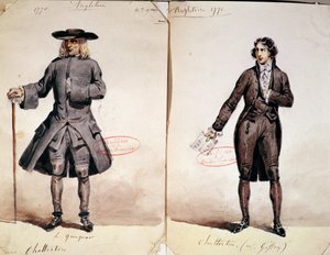 Diseño de vestuario para la primera producción de Chatterton de Alfred de Vigny (1791-1863): el Cuáquero y Geffroy como Chatterton, 1835 de French School