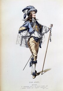 Traje para el personaje de Don Juan en la escena 2 del Acto I de la obra homónima de Jean Baptiste Poquelin, conocido como Molière (1622-1673). Grabado del siglo XIX París, Comédie-Française de French School