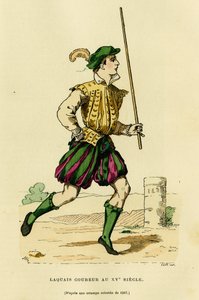 Traje de lacayo corredor en el siglo XV, encargado de correr delante del carruaje para despejar el camino y anunciar el paso de un noble o señor. Grabado en color, en “Francia y los franceses a través de los siglos” de Augustin Challamel, F.Roy ed de French School