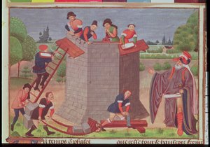 Cott Aug V fol.22 Construyendo la Torre de Babel, miniatura de 