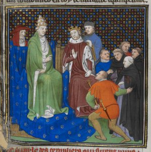 Cotton Nero E II pt2 fol.100v Los Templarios ante Felipe IV (1268-1314) y el Papa Clemente V (c.1260-1320), de 
