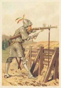 Coulevrinier en el siglo XV (Hombre de guerra, a pie o a caballo, arma de una serpiente en mano) de French School