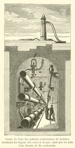 Corte de una de las galerías subterráneas de Londres mostrando las tuberías de agua y gas de French School
