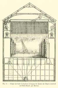 Corte de toda la altura y anchura del teatro de la Ópera construido en el Palais-Royal, por Moreau de French School
