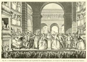 Coronación del busto de Voltaire, por el personal de la Comédie Française, el 30 de marzo de 1778, en la sala de espectáculos de las Tullerías de French School