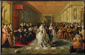 Baile de corte en el Palacio del Louvre con motivo de la boda de Ana, duque de Joyeuse ...