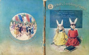Ilustración de portada y contraportada de un libro de texto escolar francés sobre escritura, publicado por Hachette en París, 1905