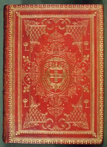 Cubierta de un libro propiedad del Cardenal Mazarino, con los emblemas del cardenal de estrellas y fasces, coronado por el galero y borlas de un cardenal de French School