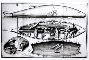 Sección transversal de un submarino, de un manuscrito, marzo 1689