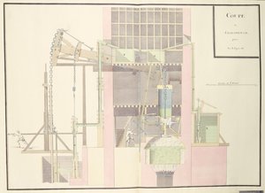 Sección transversal de una máquina de vapor para elevar agua de las minas, c.1760 de French School