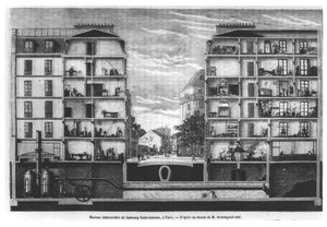 Sección transversal de casas industriales en Faubourg Saint-Antoine en París, ilustración de Le Magasin Pittoresque, 1885