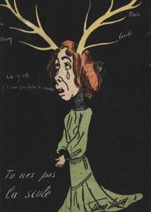 Mujer llorando con astas (litografia en color) de French School