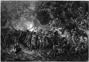 Costumbre de Nueva Caledonia: Pilou pilou, danza tradicional Kanak. Grabado en "Le Monde Illustré" n°772 del 27 de enero de 1872 de French School