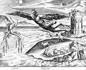 Dédalo escapando de Creta con su hijo Ícaro, lo ve caer hacia su muerte, 1619 de French School