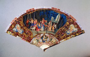 Abanico estilo Vernis Martin dañado que representa la Boda de la Nobleza, cuero de cisne con guardia de marfil pintado, altura 20.5 cm de French School
