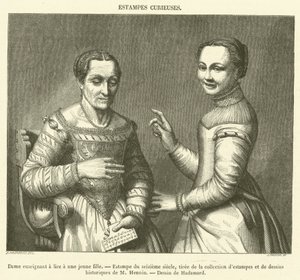 Dama enseñando a leer a una joven, Estampa del siglo XVI