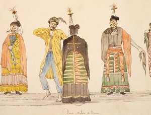 Danza indígena de Buru, Molucas, acuarela de Jules-Louis Lejeune, basada en Viaje alrededor del mundo de French School