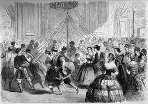 Danza: la cuadrícula del patinador. Los bailarines sostienen una cinta cuyo extremo está atado a una planta de mayo en el medio de un círculo. Escena en el baile dado por el Conde Walewski en 1861. Grabado en “Le Monde Illustré” n°202 del 23 de febrero de  de French School