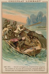 El barco de David Livingstone siendo atacado por un hipopótamo en el río Orange, África, 1867-1873 de French School