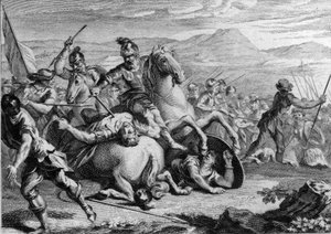 Muerte de Alarico II, 507: Clodoveo I (465-511), rey de los francos, matando a Alarico II (484-507), rey de los visigodos, en la Batalla de Vouillé en 507. Grabado del siglo XVIII.