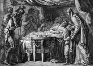 Muerte de Childeberto II (570-596), rey de Neustria, Orleans y Borgoña, como resultado de un envenenamiento. 596. Grabado del siglo XVIII de French School