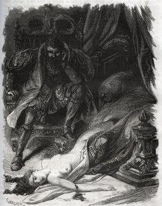 Muerte de Francoise de Foix, Condesa de Chateaubriant (ca. 1495-1537), asesinada por su esposo Jean de Laval Conde de Chateaubriant (Laval-Chateaubriant) (1486-1543), quien así se vengó de las infidelidades de su esposa. Grabado de 1871 en "Histoire Des de French School
