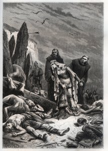Muerte del Rey Harold II (1022-1066) en la Batalla de Hastings en 1066 - Edith Swannesha (Swanneck), conocida como Edith la Justa (1025-1086) descubre el cuerpo de su esposo - Ealdgyth (Edith la Justa o Edith Swanneschal), descubriendo el cuerpo de Harold  de French School