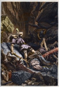 Muerte del caballero Roldán, sobrino de Carlomagno, en la Batalla de Roncesvalles (778) que enfrentó al ejército de Carlomagno y los sarracenos - Muerte de Roldán en la batalla del Paso de Roncesvalles, 778 - grabado de “L