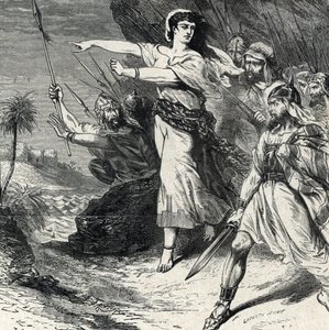 Débora conduce a la lucha al pueblo de Israel oprimido por Jabín, rey de Canaán. Grabado de la "Historia Sagrada" de Lahure, siglo XIX Colección privada de French School