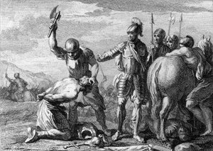 Decapitación de Siagrio, 486: ejecución del general romano Siagrio (430-486) derrotado en la Batalla de Soissons por las tropas de Clovis I. Grabado del siglo XVIII.