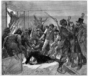 Huelga de mineros en Decazeville (Aveyron) en 1886: el ingeniero Watrin fue asesinado por los huelguistas. Grabado en "Le Monde Illustré", 6 de febrero de 1886 de French School