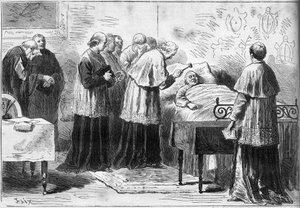 Fallecimiento del Papa Pío IX: ritual de reconocimiento de la muerte del Papa. Un cardenal golpea la frente del fallecido con un martillo de plata. Grabado en 