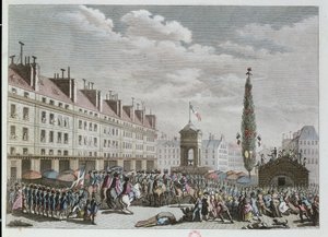 Declaración de la Constitución, Plaza de los Inocentes, París, septiembre de 1791, 1791 (grabado en color) de French School
