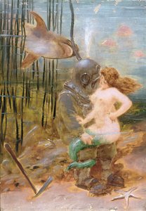 Buzo de aguas profundas con una sirena y un tiburón