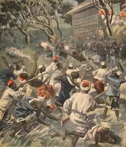 Derrotando al pueblo Sakalava, Madagascar, ilustración de Le Petit Journal: Suplemento ilustrado, 3 de abril de 1898 de French School