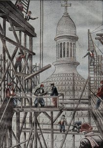 Demostración del andamiaje revelando el final de la construcción de la cúpula de la Basílica de Montmartre. Grabado en “Le Pelerin” 17/12/1899
