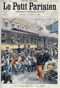 Salida en la estación para un viaje escolar. Los niños suben al tren, en "Le petit Parisien" de French School
