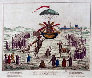 Partiendo la sátira del barco volador en la máquina voladora imaginada por Jean-Pierre Blanchard (1753-1809): burros, monos y ciegos miran la extraña máquina equipada con seis alas y un timón. Grabado de finales del siglo XVIII. París, Museo Carn