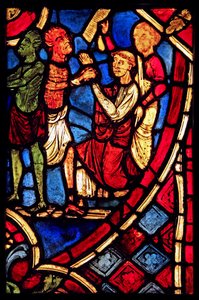 Teófilo haciendo un trato con un diablo; de la iglesia de Varennes-Jarcy (originalmente de la Abadía de Gercy?) de French School
