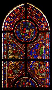 Parte de una ventana de la iglesia de Varennes-Jarcy (originalmente de la Abadía de Gercy?); escenas incluyen la Anunciación a los Pastores, la Sinagoga y ángeles músicos de French School