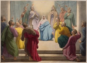 Descenso del Espíritu Santo, ilustración de un catecismo LHistoire Sainte, publicado por Charles Delagrave, París, finales del siglo XIX de French School