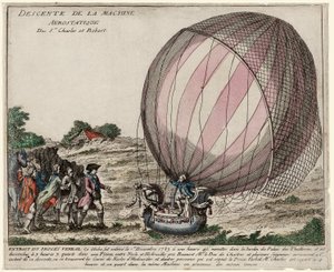 Descenso de la Máquina Aerostática de los Srs. Charles y Robert, pub. 1783 (grabado coloreado a mano)