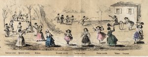 Descripción de los pasatiempos y juegos infantiles: juegos de niñas, juego de cuatro esquinas, saltar la cuerda, correr por el objetivo, aro y volante. Placa “los juegos de la infancia” en “les Recreations instructives” Pintura sinóptica de Jules DELBRUCK, de French School