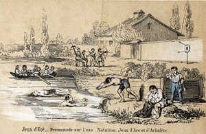 Descripción de las actividades y juegos de ocio infantil: juegos al aire libre en verano y juegos acuáticos, natación, chapoteo, tiro con arco y ballesta. Placa 