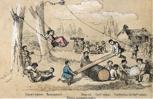 Descripción de las actividades y juegos de ocio infantil: juegos al aire libre, palo corto, columpio, balanceo y fabricación de una cometa. en "les jeux de l