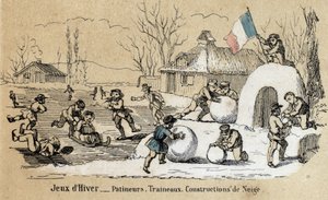 Descripción de los juegos y recreos infantiles: juegos de invierno, patinaje, trineo y construcción de nieve. Placa “los juegos de la infancia” en “Las recreaciones instructivas” Pintura sinóptica de Jules DELBRUCK, grabado de 1860. Colección privada de French School