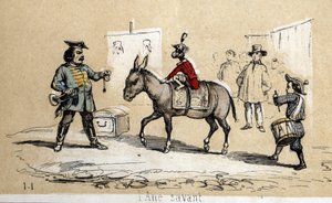 Descripción de diferentes productos y usos del burro: el burro sabio es utilizado por artistas de circo. en "Les Recreations instructives" pintura sinóptica de Jules DELBRUCK, grabado de 1860. Colección privada. de French School